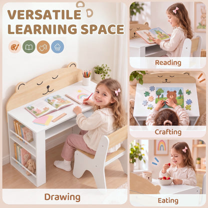 AIYAPLAY Kids Desk & Chair Set | White & Wood-Grain Bear Design | 80cm Tabletop, Side Bookshelves & Open Storage | Ages 3–8