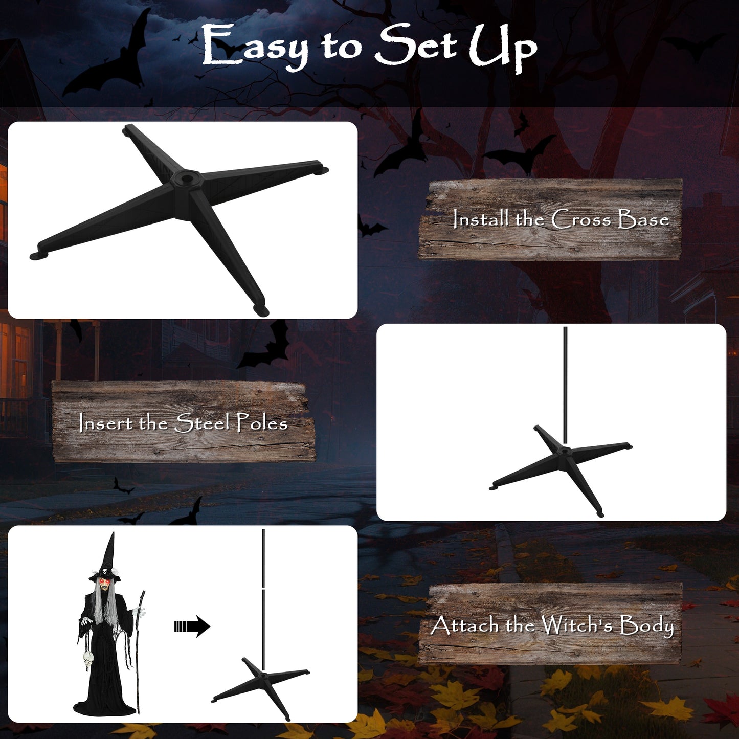 170 cm Life Size Halloween Animated Standing Witch & Staff with Glowing LED Eyes, Spooky Witch Scary Halloween Decorations, Battery Operated, Indoor Party Props