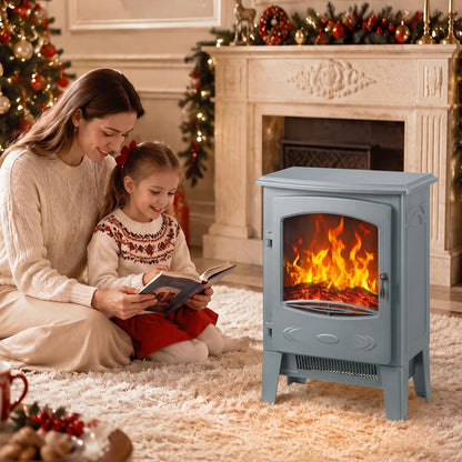 Freestanding Electric Fireplace Stove | Red LED Flame | 1000W/2000W | Forced-Air Fan | Grey