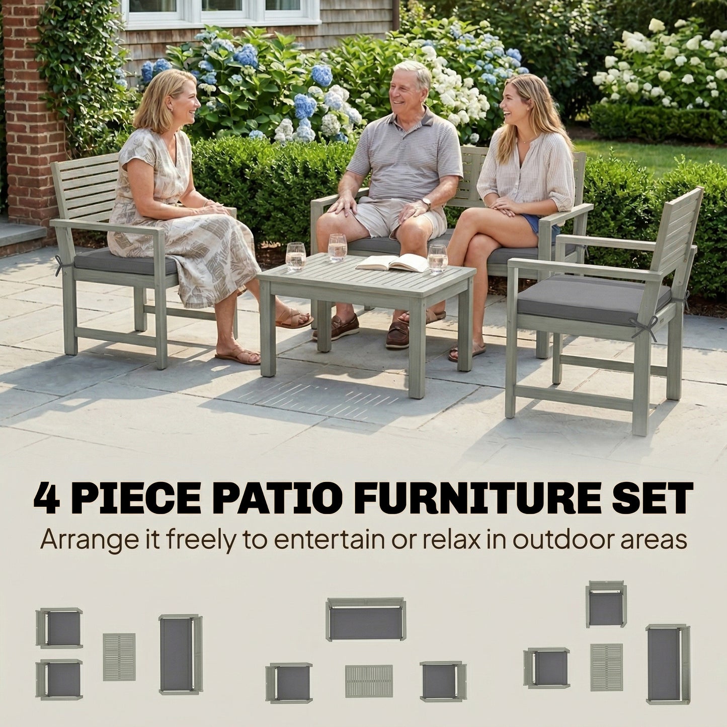 4-Piece Acacia Wood Garden Sofa Set | Loveseat, 2 Armchairs & Table | Light Grey Cushions