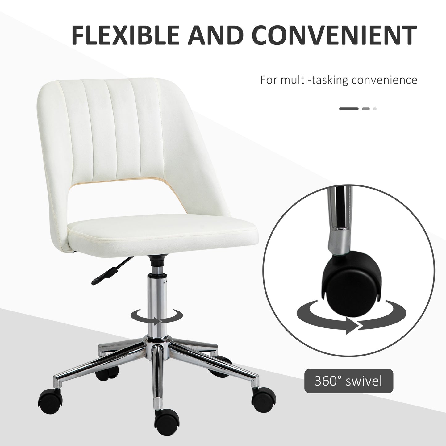 Armless Velvet-Feel Office Chair | Sponge Padded Seat & Back | 360° Swivel | 5 Wheels | Height Adjustable 46-58cm | 120kg | Bedroom Home Office Study | Cream White