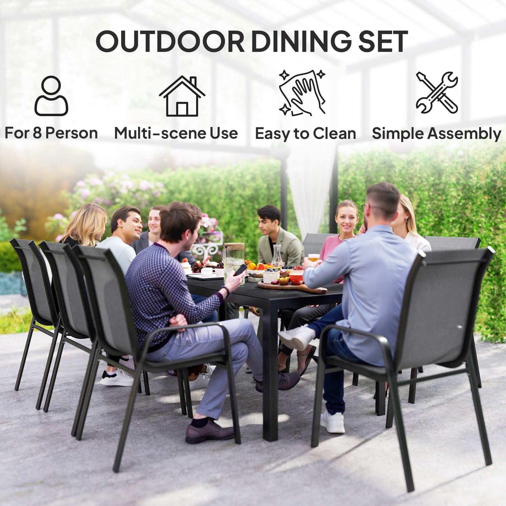 Outsunny 8 Seater Garden Dining Set with Rectangular Tempered Glass Top, Garden Furniture Set, Chairs for Patio, Balcony, Poolside, Dark Grey