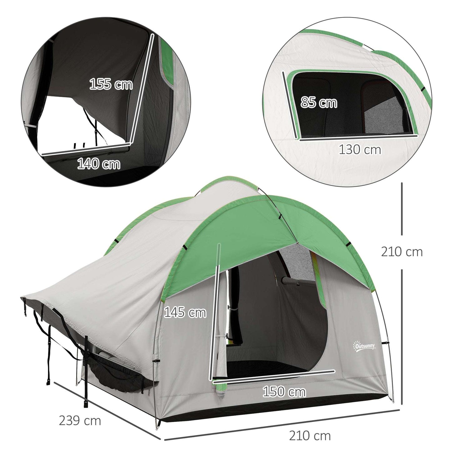 SUV Car Tailgate Tent | 5 Man | 2000mm Waterproof Polyester | Mesh Window | 3 Doors | Standalone or Vehicle-Attached | Ground Stakes & Guy Ropes | 239x210x210cm | Grey & Green | Grey & Blue | Grey & Orange