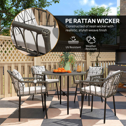 5 Piece Patio Rattan Dining Set, Wicker Garden Table and Chairs w/ Removable Seat & Back Cushions, Round Tempered Glass Tabletop, Parasol Hole, Grey