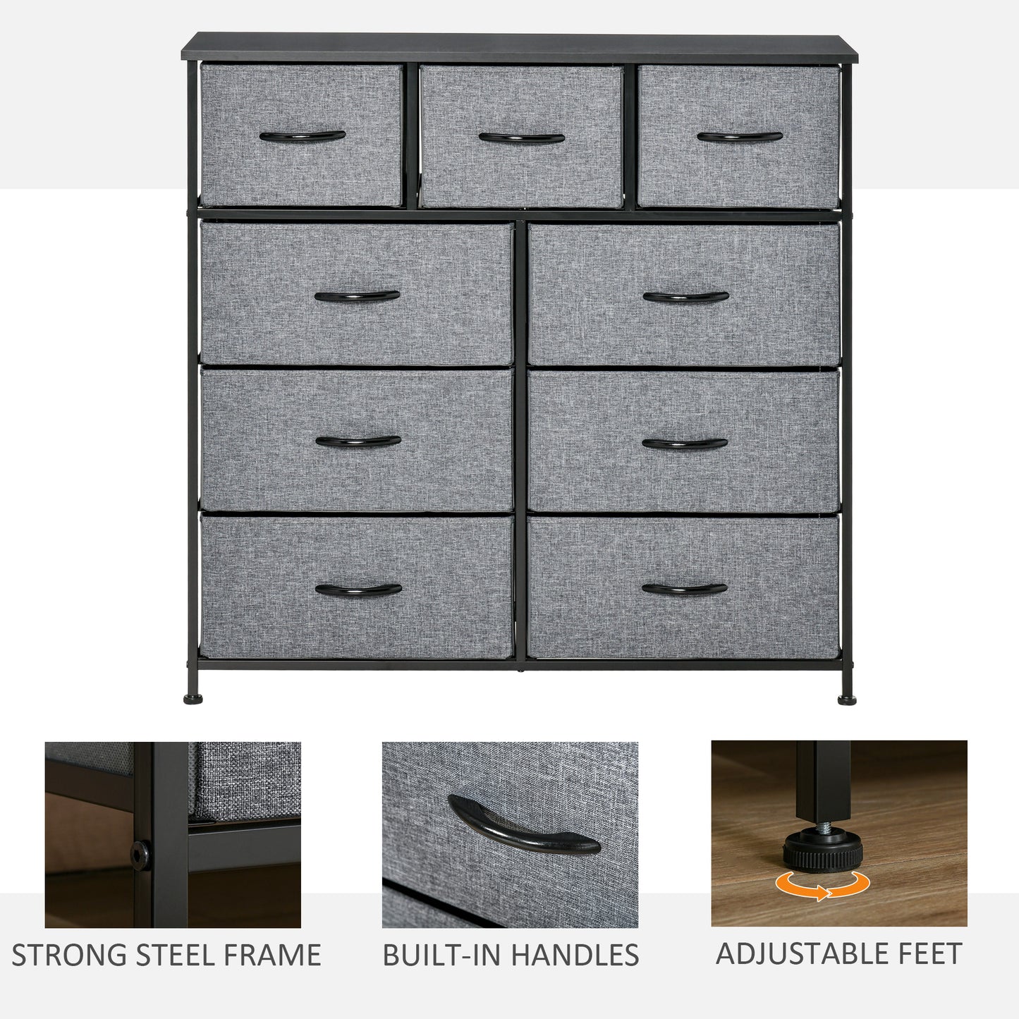 9 Drawers Storage Chest Dresser Organizer Unit , Easy Pull Fabric Bins, for Bedroom, Hallway, Entryway, Black & Grey