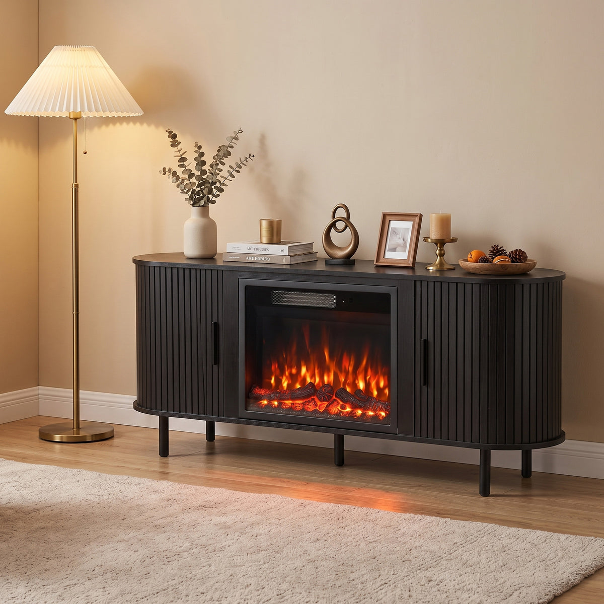 Electric Fireplace TV Stand | TVs up to 70 Inch | 150cm Black Fluted Storage Unit | 900W/1800W, 12 Flame Colours & Remote