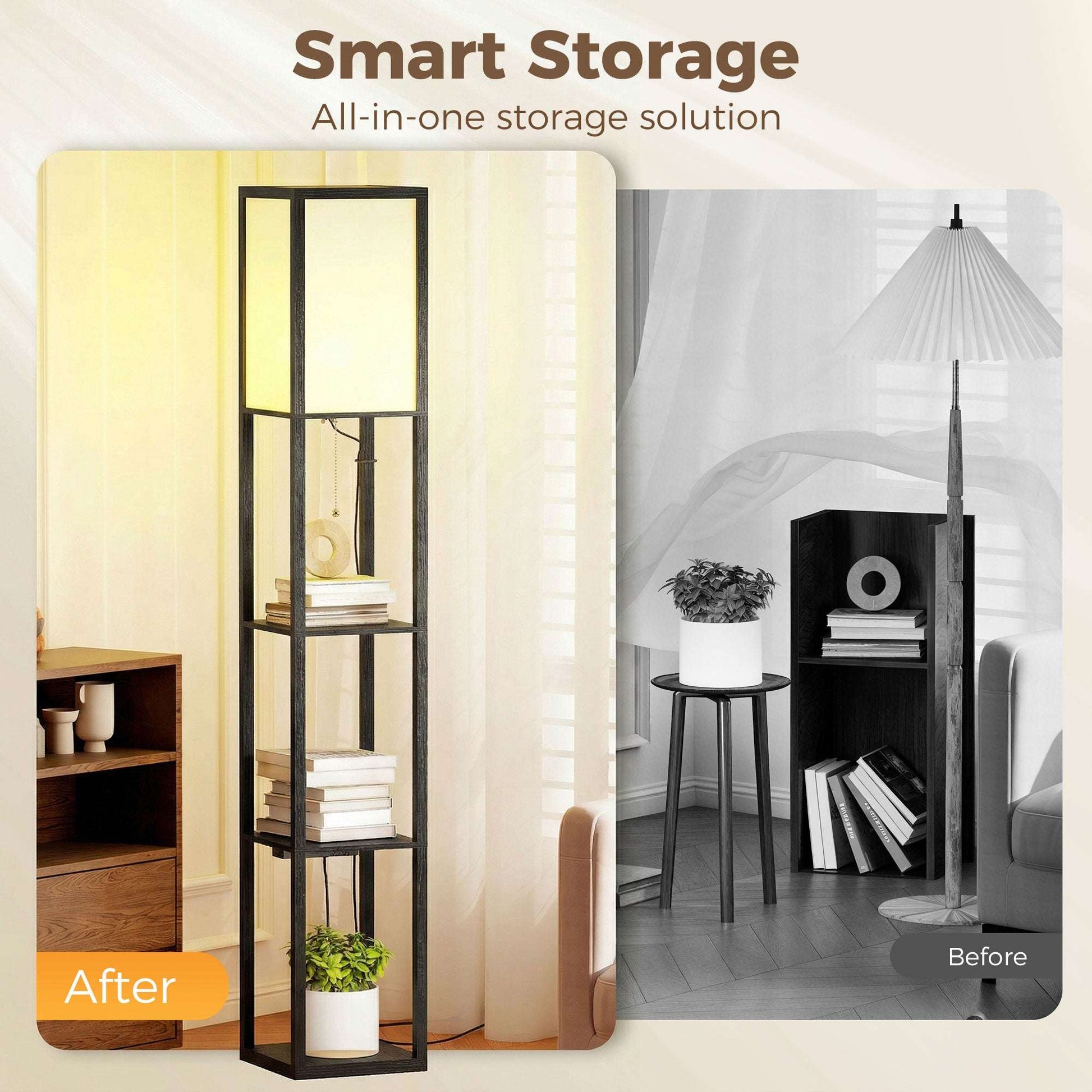 Floor Lamp with 3 Shelves | Column Design | MDF | E27 LED Included | Foot Switch | 160cm | 2.5kg per Tier | Black
