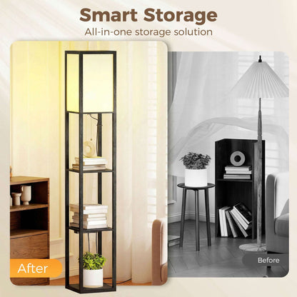 Floor Lamp with 3 Shelves | Column Design | MDF | E27 LED Included | Foot Switch | 160cm | 2.5kg per Tier | Black