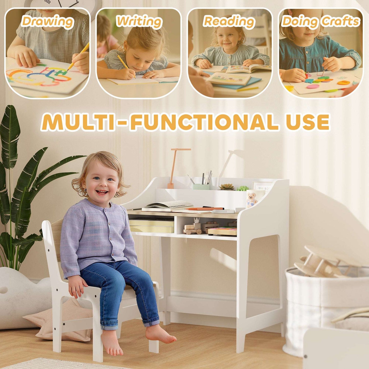 AIYAPLAY Kids Desk and Chair Set, Children Study Table with Storage and Shelves for Study Room, Gift for 3-8 Years, Natural