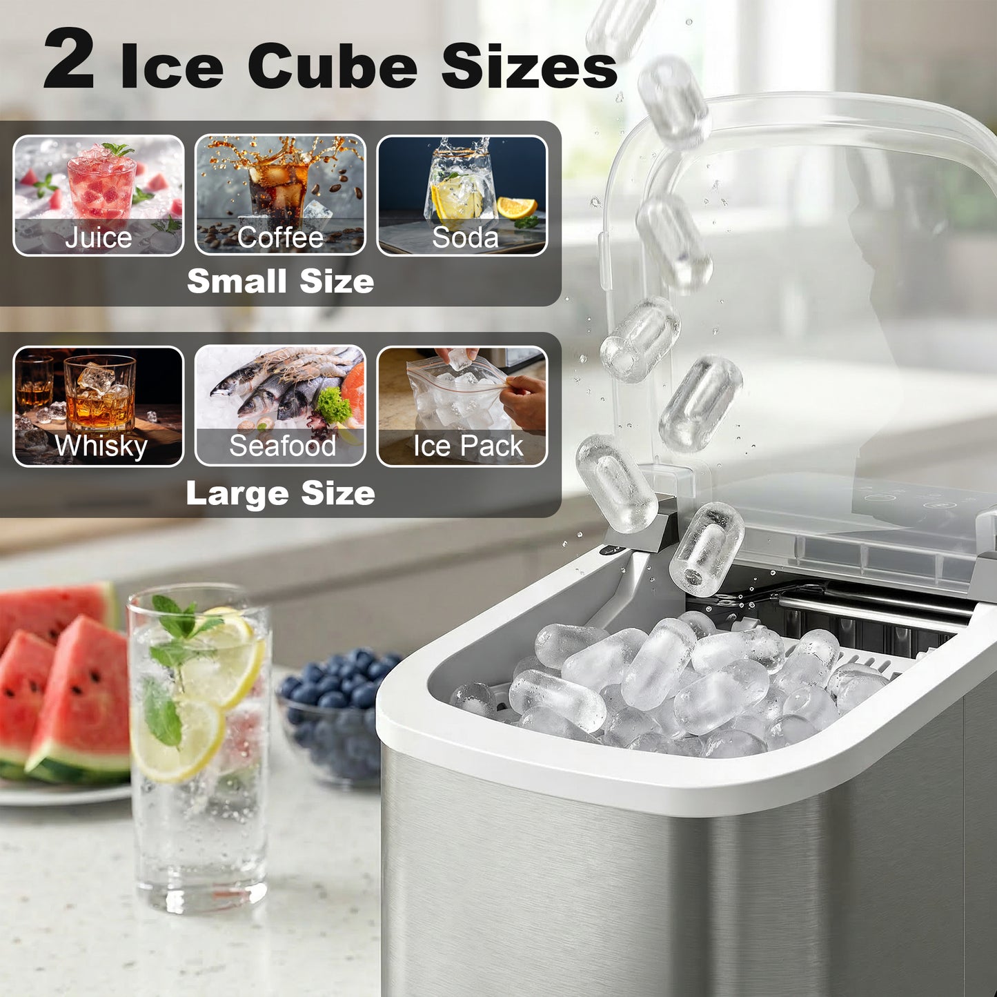 Countertop Ice Maker Machine – 9 Cubes in 7 Mins, 12kg/24hr, 2 Bullet Sizes, Self-Cleaning, Portable, Stainless Steel, For Home, Kitchen & Office