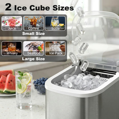 Countertop Ice Maker Machine – 9 Cubes in 7 Mins, 12kg/24hr, 2 Bullet Sizes, Self-Cleaning, Portable, Stainless Steel, For Home, Kitchen & Office