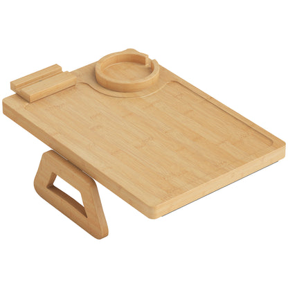 Bamboo Sofa Armrest Tray | 360° Phone & Tablet Holder | Removable Cup Holder | Anti-Slip | No Assembly | Natural