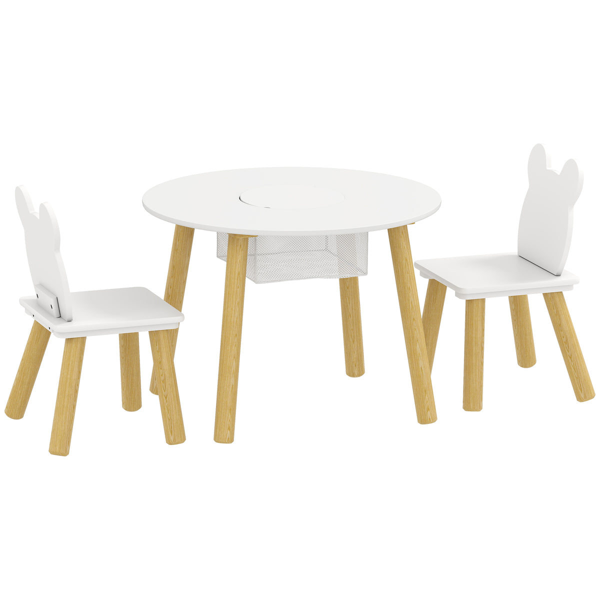 Kids Activity Table & 2 Chair Set | 3-Piece | Bear Backrest | Centre Mesh Storage | Arts & Crafts | Ages 3-6 | White
