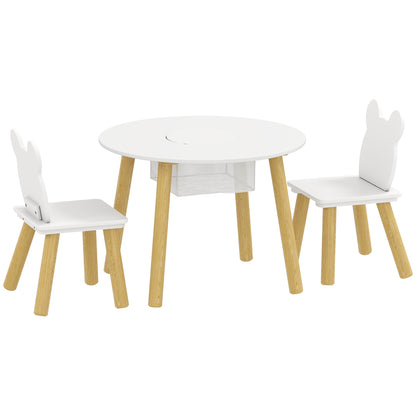 Kids Activity Table & 2 Chair Set | 3-Piece | Bear Backrest | Centre Mesh Storage | Arts & Crafts | Ages 3-6 | White