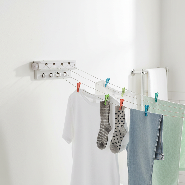 Automatic Retractable Washing Line | 4 Lines | 18 Metres Total | 4 Hanger Hooks | Indoor & Garage Use | H14 x W35 x D7cm
