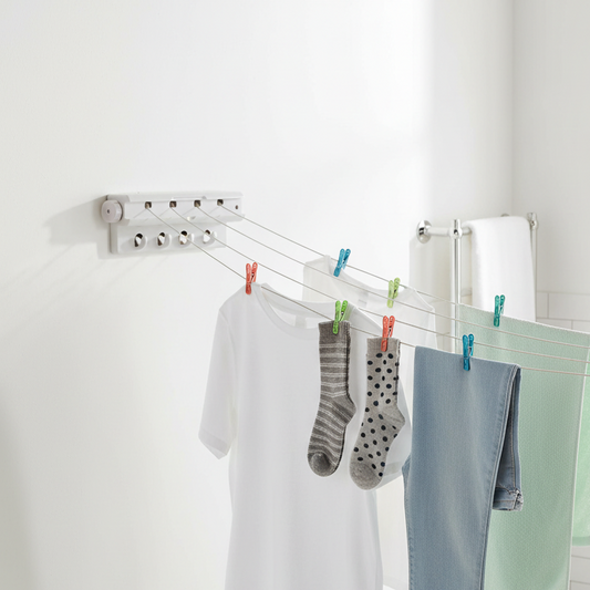 Automatic Retractable Washing Line | 4 Lines | 18 Metres Total | 4 Hanger Hooks | Indoor & Garage Use | H14 x W35 x D7cm