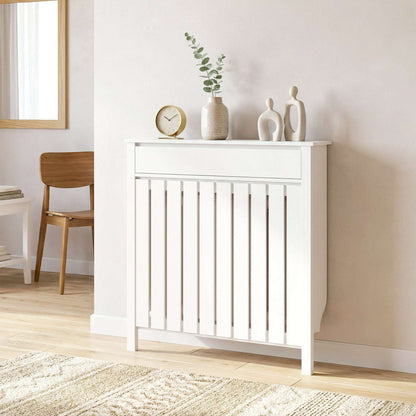 MDF & Particle Board Radiator Cover with 1 Drawer | Vertical Slats | Flat Top Display Surface | Wall Mountable | Pre-Cut Outs | 14kg Capacity | 88.5x19x93cm | White