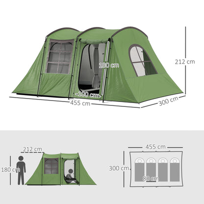 3-4 Man Tunnel Tent, Family Camping Tent with Porch, Bedroom and Living Area, Sewn in Groundsheet, 3000mm Waterproof, Portable with Bag, Green