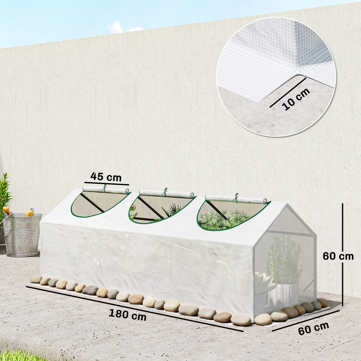 Outsunny Mini Greenhouse | 180 × 60 × 60cm White PE Grow House | 3 Zipped Roll-Up Windows | Steel Frame & 10cm Bury-In Edges