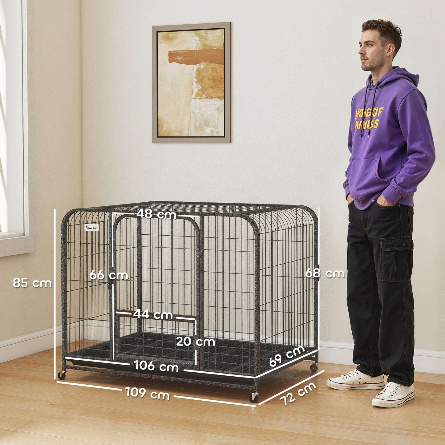 Heavy Duty Dog Crate | 109x72x85cm | 3 Doors | Slide-Out Tray | 4 Wheels | Raised Base | 30kg | Black