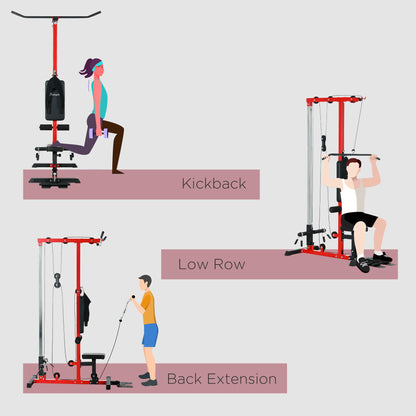 SPORTNOW Pull Up Station with Adjustable Seat, Power Tower for Chin up  and Lat Pulldown Exercises, Multi-Function Fitness Equipment with Flip-Up Footplate, for Home Gym, Red