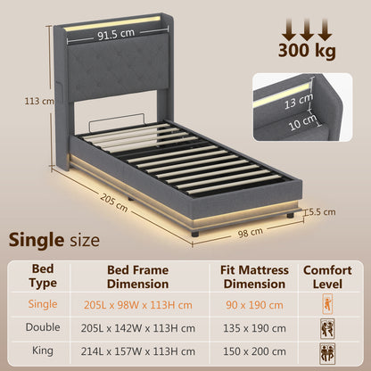 3ft Single Bed Frame with Headboard, Platform Bed Frame with Hydraulic Storage, LED Lights and Charging Station, Grey