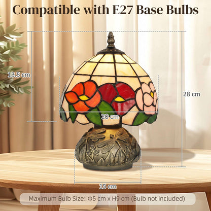 Tiffany-Style Handcrafted Stained Glass Table Lamp | Floral Motif | Sculpted Dragonfly Bronze Resin Base | Rocker Switch | E27 40W Max | 150cm Cable | Φ20x28cm | Multi-Coloured