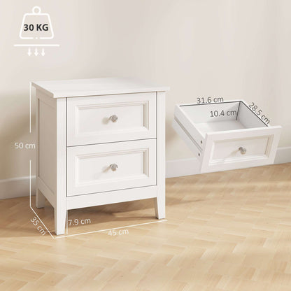 2-Drawer Bedside Table Nightstand | Crystal-Like Handles | Smooth Metal Rails | MDF | 30kg Total 10kg Top 10kg Per Drawer | 45x35x50cm | White