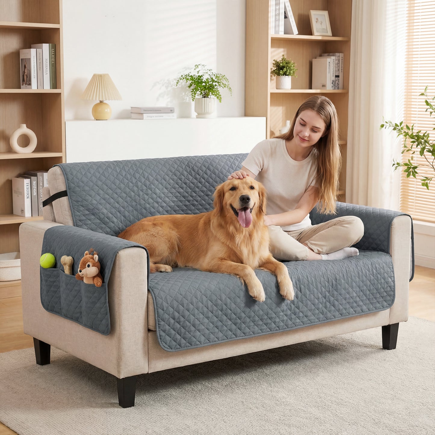 Waterproof 2-Seater Sofa Cover for Dogs, Cats & Pets | Non-Slip Backing & Elastic Straps | 2 Armrest Pockets | Machine Washable | Brushed Multi-Layer Fabric | 255x177cm | Grey