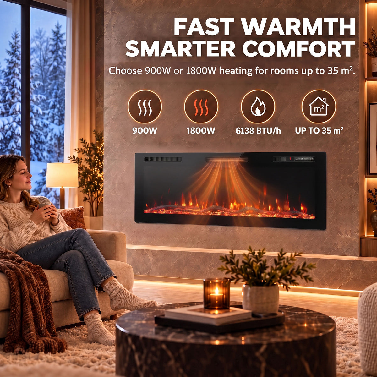 107cm Slim Electric Fireplace | Wall Mounted, Recessed or Freestanding | 900/1800W, 12 Flame Colours, Remote, ECO & 7-Day Timer | Black