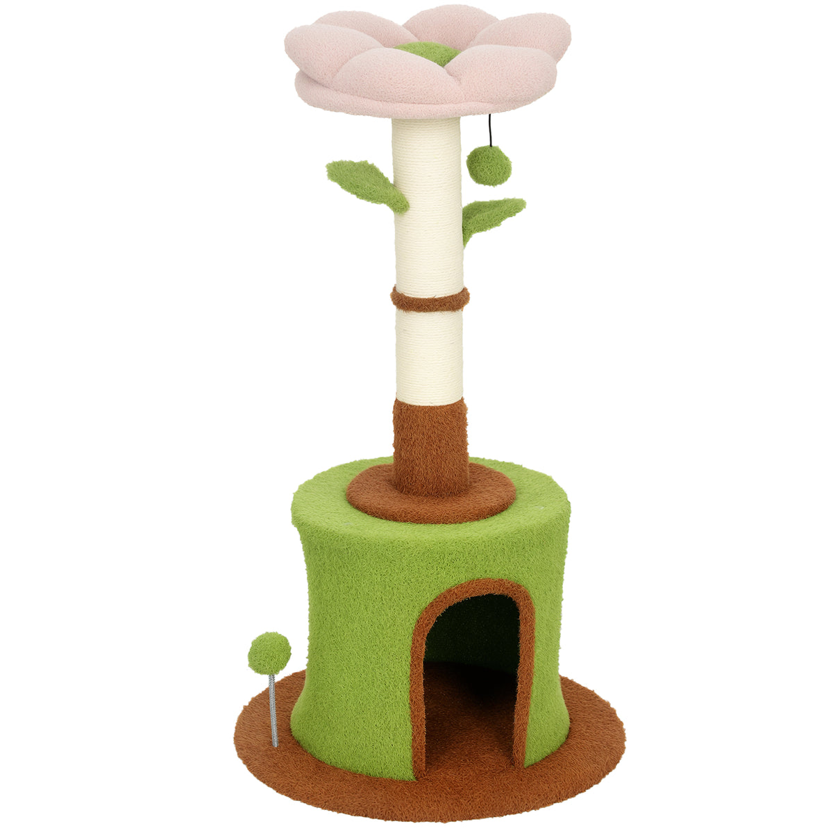 PawHut 88cm Flower Cat Tree | Condo & Plush Bed | Sisal Scratching Post | 3 Tiers | 2 Toy Balls & 2 Crinkle Leaves | 270g Plush | Peach Velvet | Freestanding | 48x48x88cm | 5kg Max | Green Pink Brown Beige