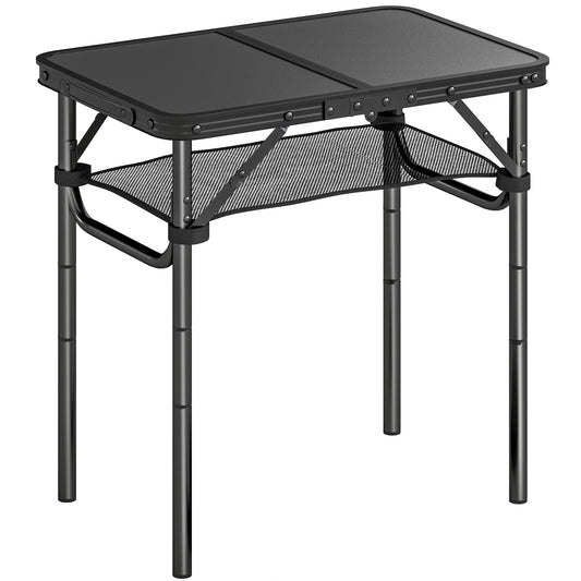 Folding Camping Table 2ft – 4 Adjustable Heights, Mesh Storage Layer, Aluminium Frame, Folds to 40x30x7cm, 30kg Capacity, Tool-Free Setup – Black