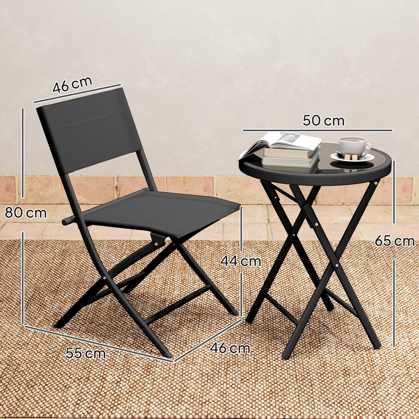 3 Piece Folding Outdoor Bistro Set | 2 Mesh Chairs | Tempered Glass Table Dia 50cm | Powder Coated Metal | No Assembly | 120kg | Black