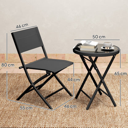 3 Piece Folding Outdoor Bistro Set | 2 Mesh Chairs | Tempered Glass Table Dia 50cm | Powder Coated Metal | No Assembly | 120kg | Black