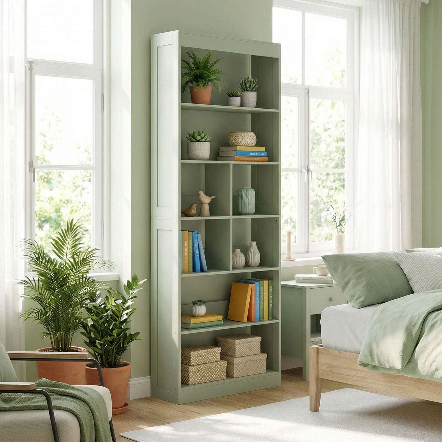 6-Tier Bookcase | 4 Open Shelves & 4 Cubes | 180cm Tall | Anti-Tip Hardware & Back Baffles | Water & Scratch-Resistant Melamine | 35kg Total 5kg Per Tier | 68x24x180cm | Bean Paste Green