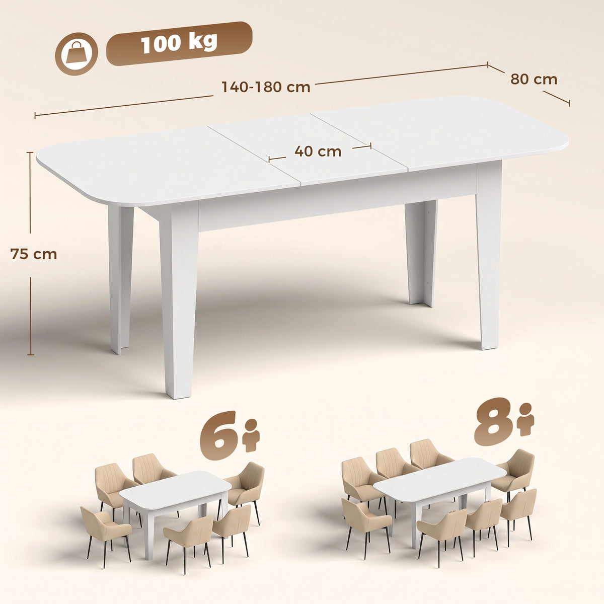 Extendable Oval Dining Table | White | Particleboard Steel | 140-180W x 80D x 75H cm | Seats 4-6 | 100kg | Melamine Top | Rounded Edges | Felt Pads | Steel Guide Rails | Underboard Storage
