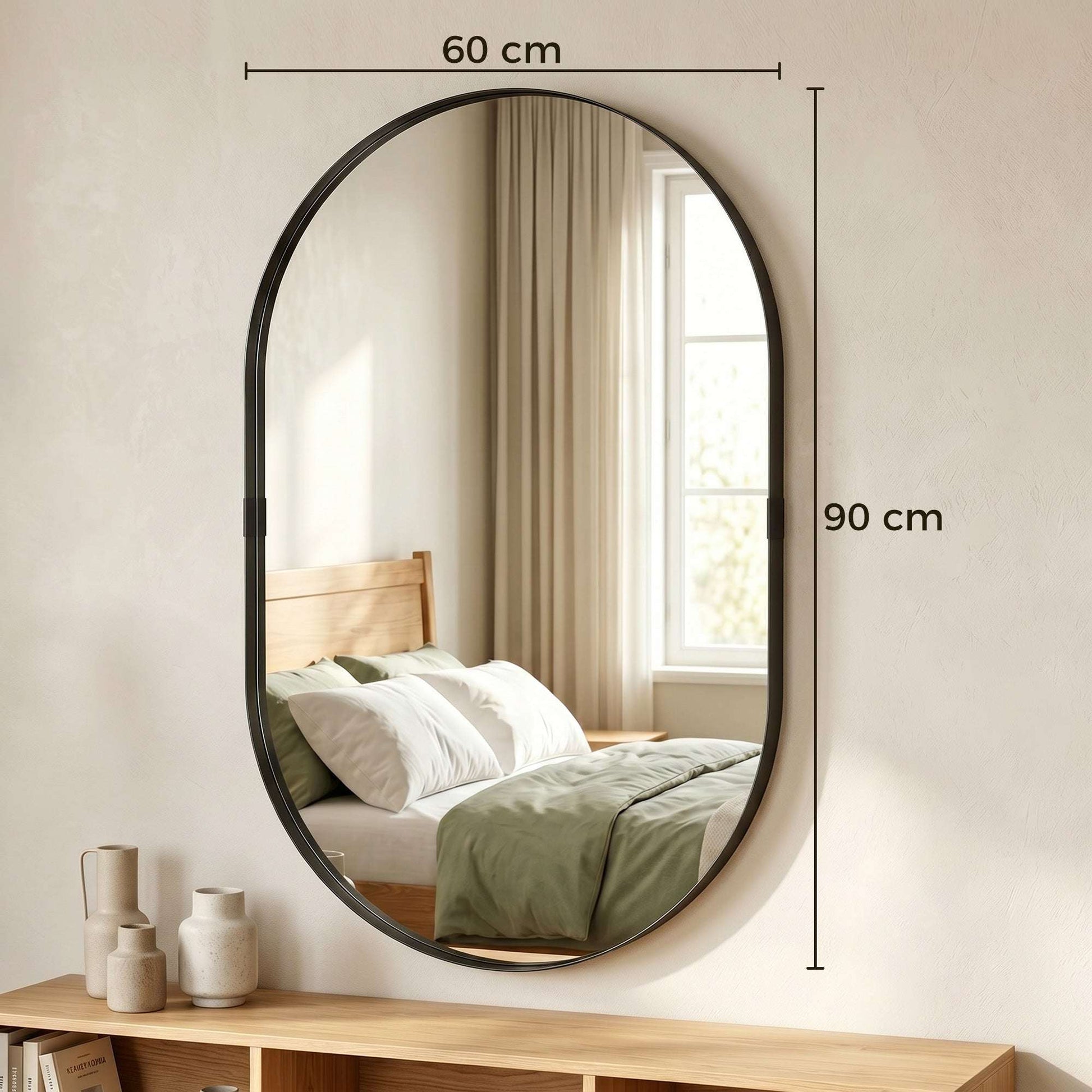 Rectangular Wall Mirror | Elevated 4cm Aluminium Alloy Frame | Shatterproof Tempered Glass | Moisture-Resistant Anodised Finish | MDF Backing | 60x90cm | Black