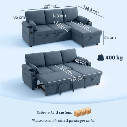 Corner Sofa Bed, L Shaped Sleeper Sectional Sofa with Reversible Storage Chaise, Blue / Grey