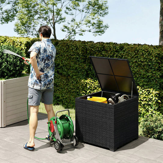 253L Rattan Garden Storage Box | Gas-Assisted Lid | Zipped Liner | Adjustable Feet | 50kg | Black