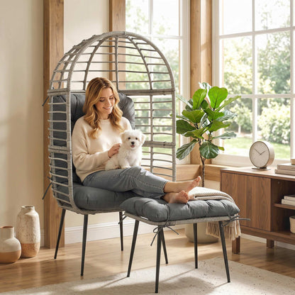 Rattan Egg Chair & Footstool Set | 11cm Tufted Cushions | UV & Weather Resistant PE Rattan | Powder-Coated Steel Frame | 120kg Capacity | Adjustable Feet | Indoor & Outdoor | Light Grey