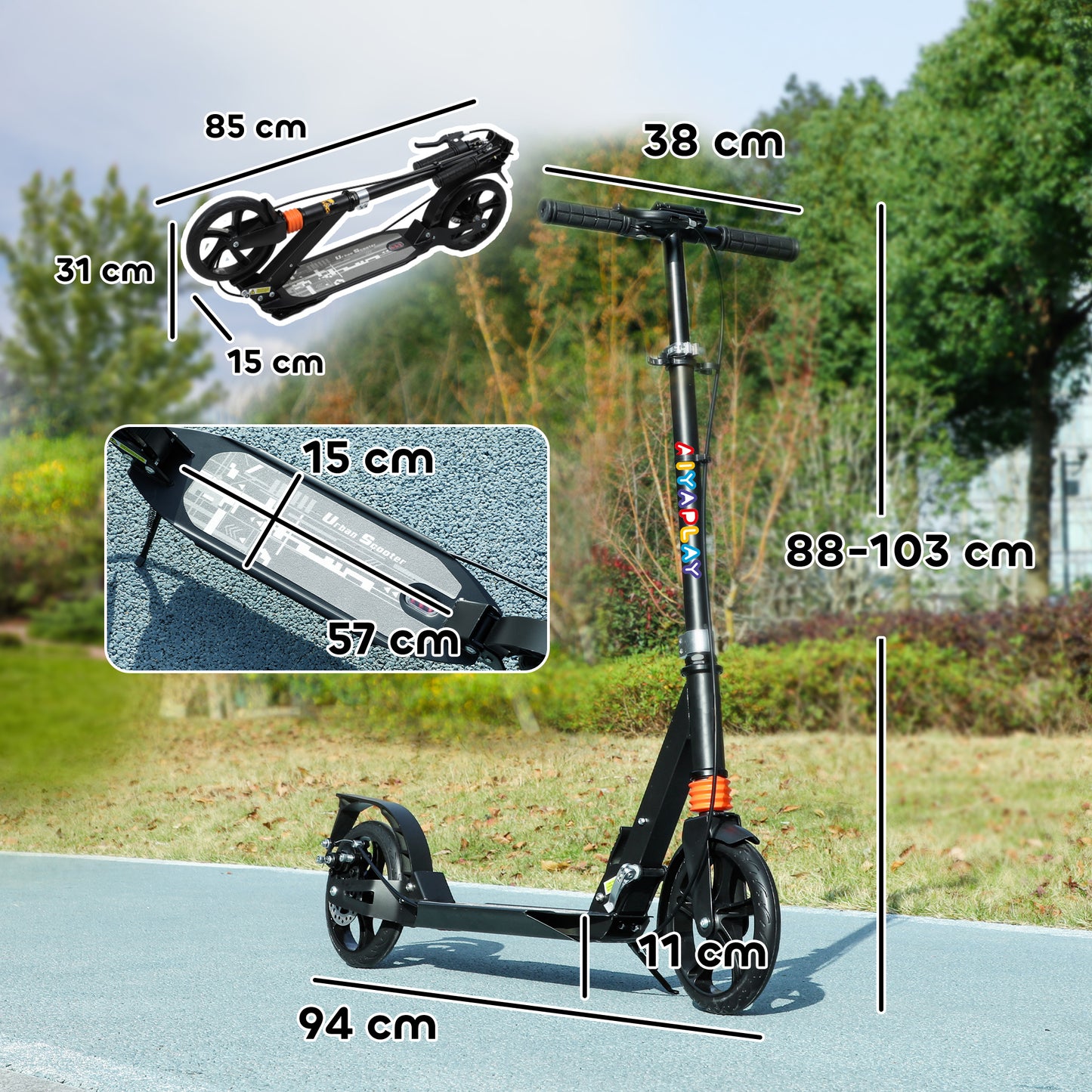 AIYAPLAY Kids Scooter with 4 Levels Adjustable Handlebar, Dual Brake System, 200mm Wheels, ABEC-7 Bearings, Black