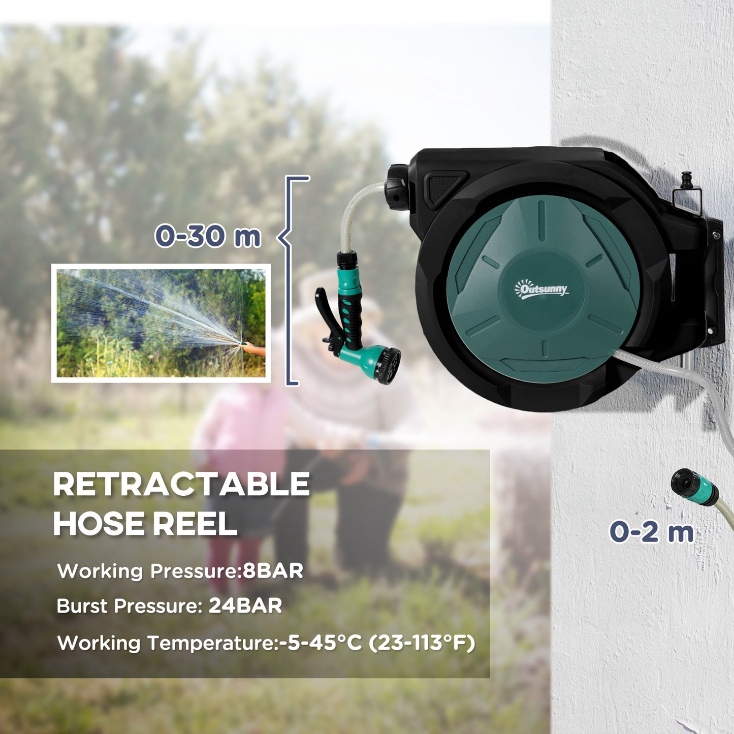Outsunny Retractable Hose Reel Wall Mounted, 30+2m Garden Hose Pipe Reel with Lock, Auto Rewind, 7 in 1 Spray Nozzle, Includes Wall Fixings, 180° Swivel, Outdoor Watering, 59 x 23 x 42 cm, Green