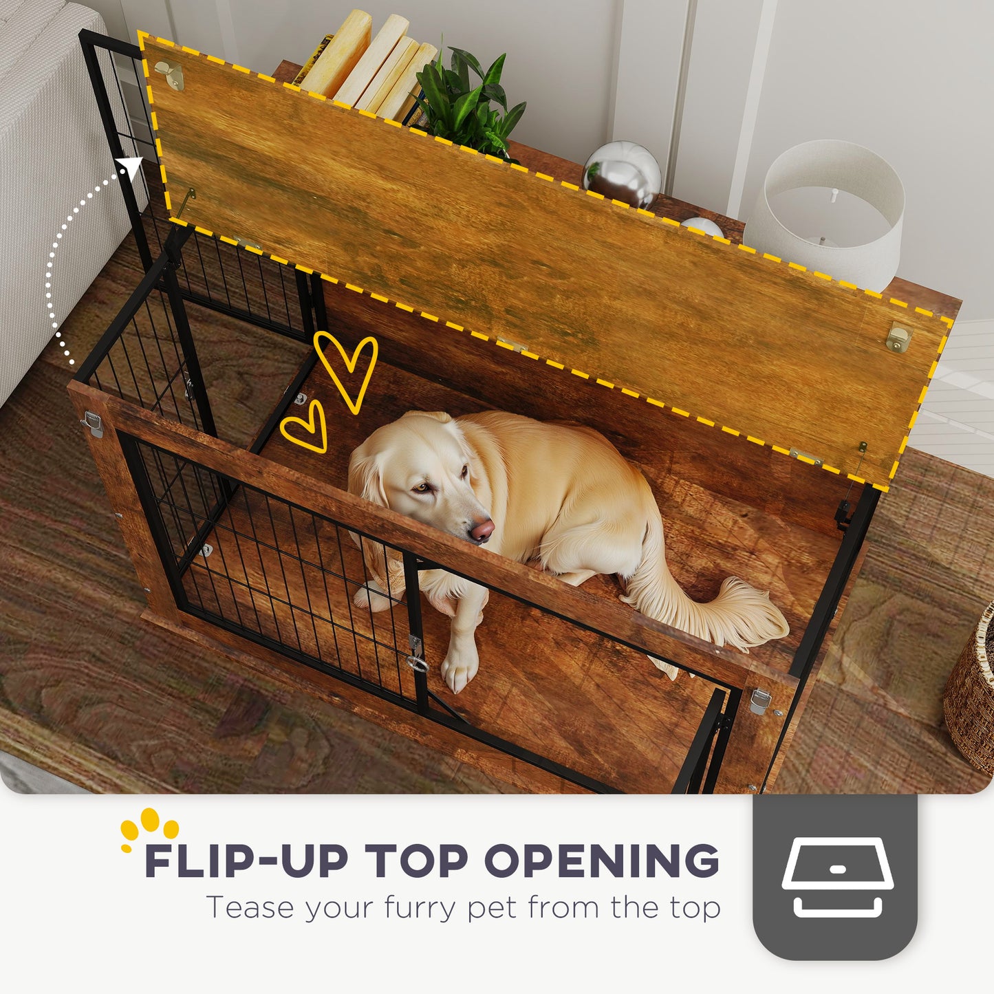 Dog Crate Furniture Side Table | Flip-Up Top | Double Doors | 3-Sided Ventilation | Large Dogs up to 30kg | 98 x 60 x 65.5cm | Rustic Brown