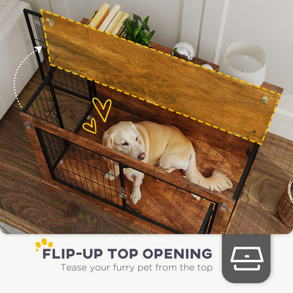 Dog Crate Furniture Side Table | Flip-Up Top | Double Doors | 3-Sided Ventilation | Large Dogs up to 30kg | 98 x 60 x 65.5cm | Rustic Brown