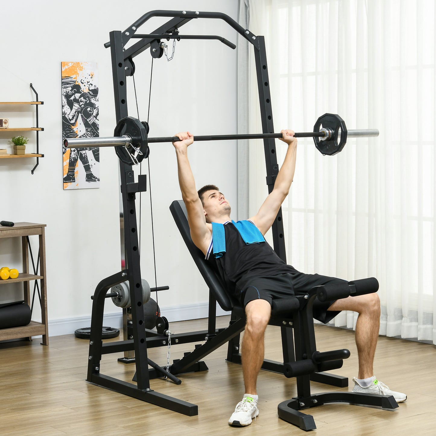 Smith Machine & Cable Pulley System with Adjustable Weight Bench, Multifunction Home Gym Power Rack with Lat Pull Down System, Barbell Rack