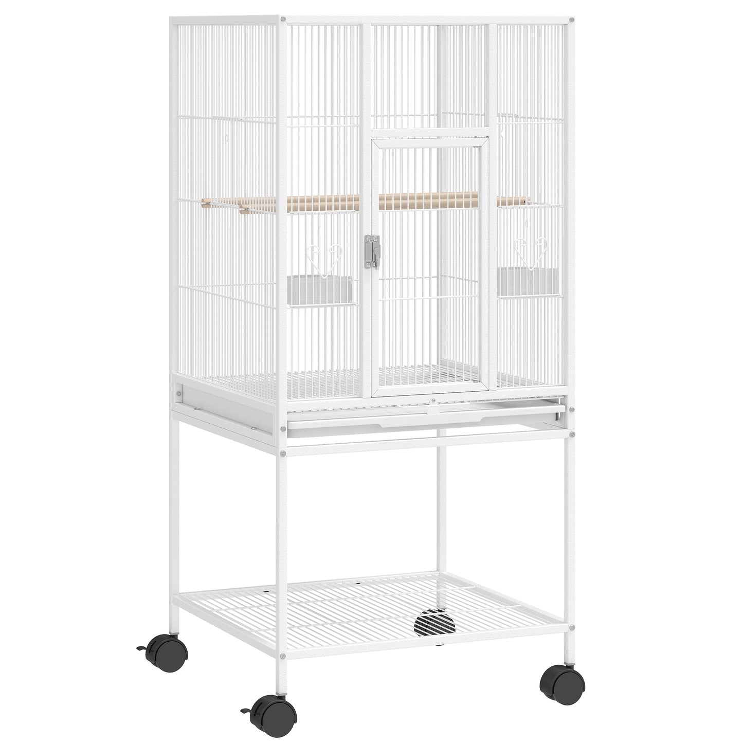 PawHut Bird Cage with Rolling Stand | Storage Shelf | Slide-Out Tray | 4 Feeder Doors | 2 Perches & Feeders | White