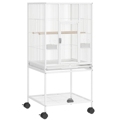 PawHut Bird Cage with Rolling Stand | Storage Shelf | Slide-Out Tray | 4 Feeder Doors | 2 Perches & Feeders | White