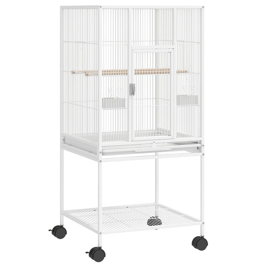 PawHut Bird Cage with Rolling Stand | Storage Shelf | Slide-Out Tray | 4 Feeder Doors | 2 Perches & Feeders | White