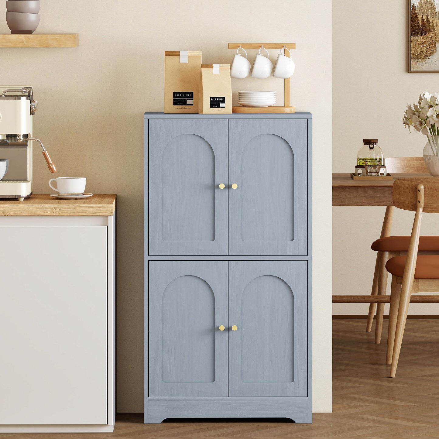 4-Door Kitchen Storage Cabinet with Adjustable Shelves, Arched Curve Doors, Gold Handles, Anti-Tip, 60x30x110cm – Grey
