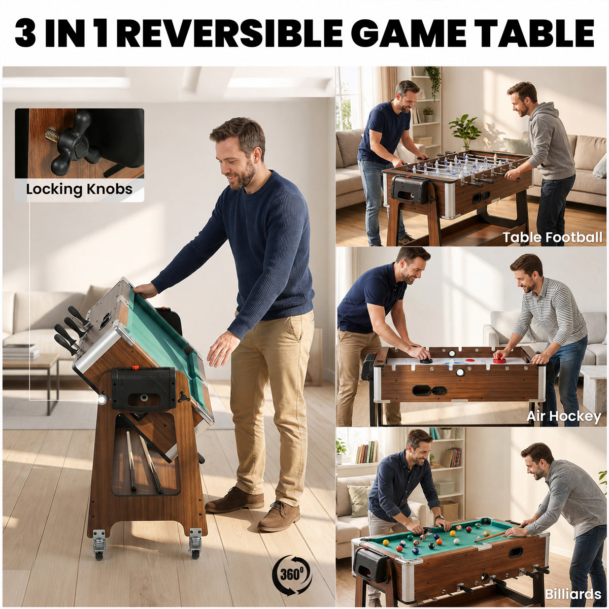 3 in 1 Multi Game Table | Pool | Air Hockey | Football | 3.4ft | Lockable Wheels | Storage Shelf | Walnut Effect